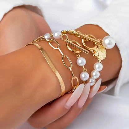Chic Gold 4-Piece Bracelet Set - Snake, Pearls & Links | Gold