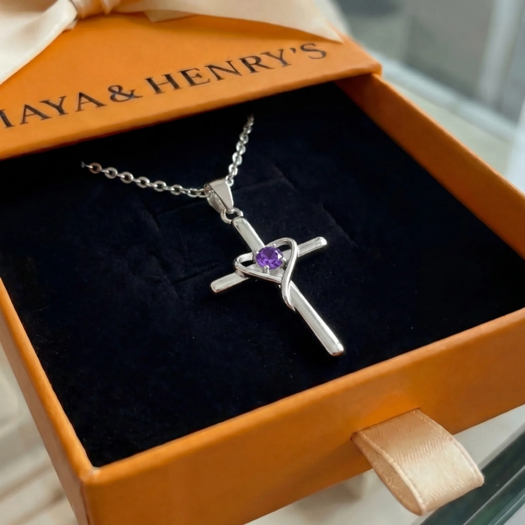 Amethyst Center Cross Necklace | White Gold