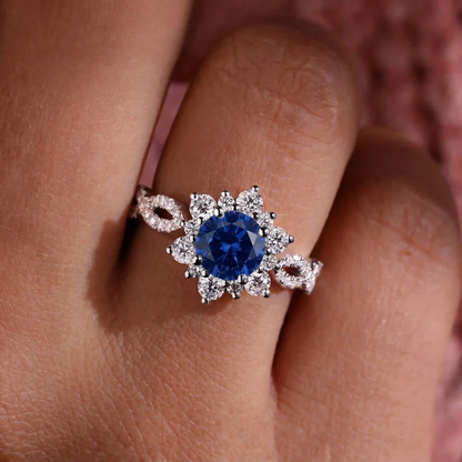 Crystal Sapphire Flower Ring | White Gold