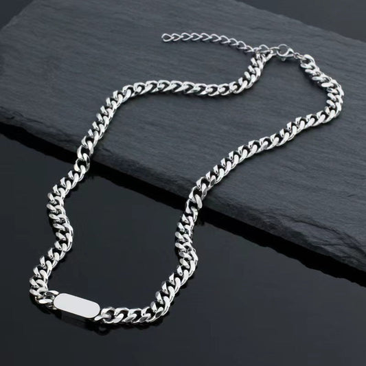 Cuban Chain Tag Necklace | White Gold
