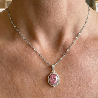 Rose Oval Crown Halo Necklace | White Gold