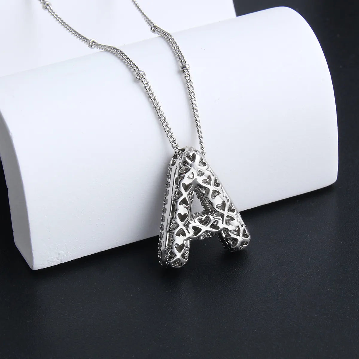 Bubble letter initial necklace set | White Gold