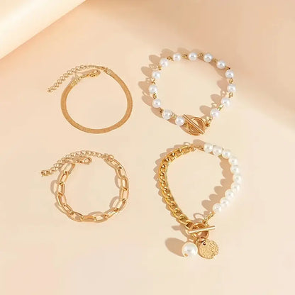 Chic Gold 4-Piece Bracelet Set - Snake, Pearls & Links | Gold